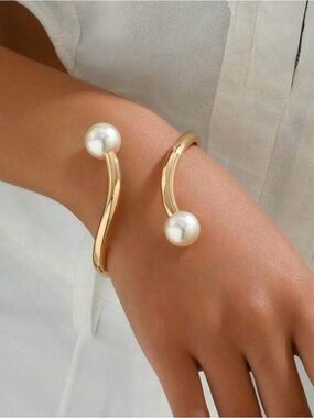 Gold Tone Pearl Cuff Bracelet – Minimalist Statement Bracelet